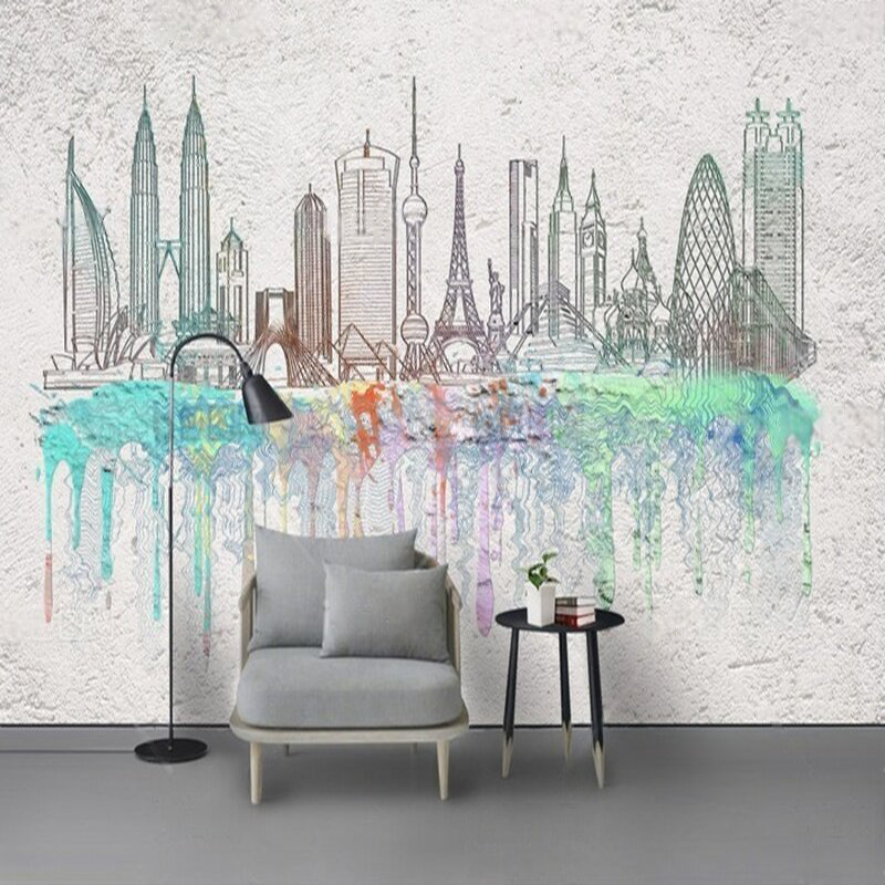 Commercial Wallpaper Printing - Modern watercolor city silhouettes ink-wash decoration